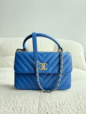 CHANEL Blue Chevron Quilted Top-Handle Satchel with Gold Hardware